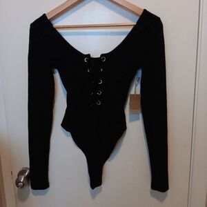 Lace Up Knit Black Bodysuit